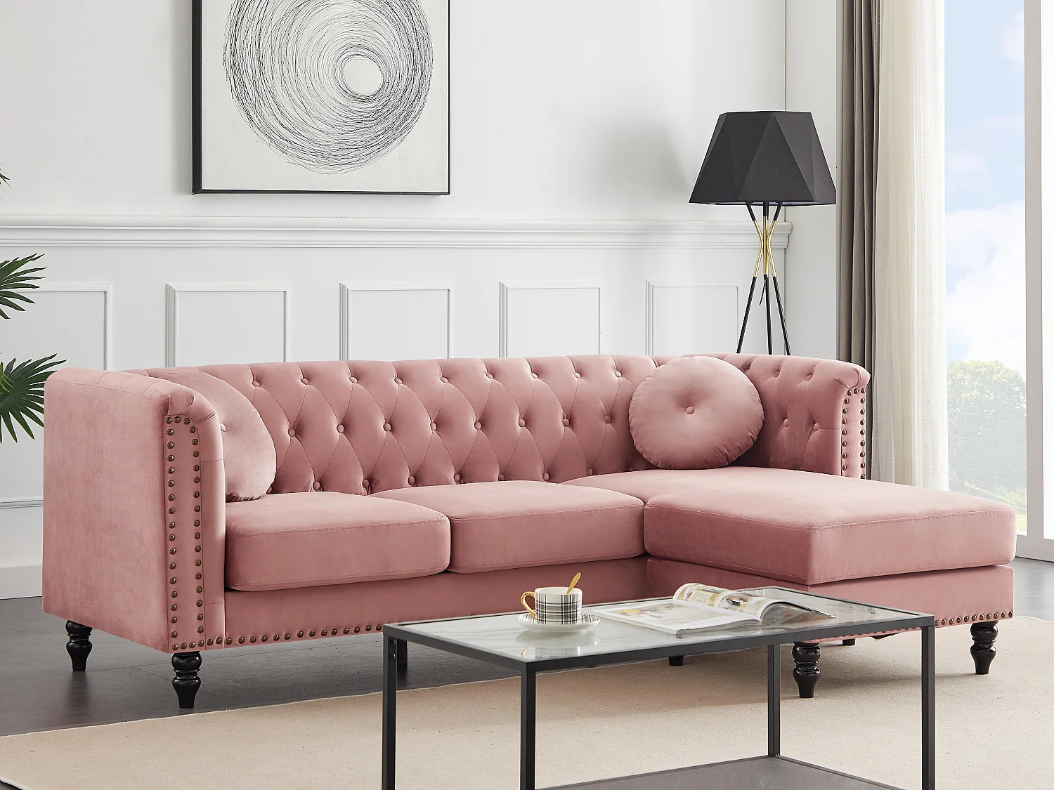 Canapé d'angle réversible en velours vieux rose TURNER