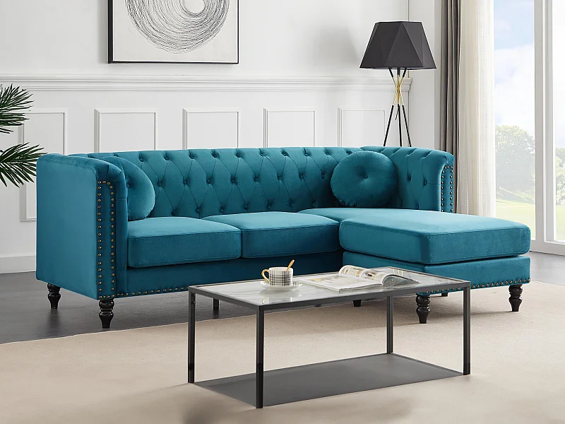 Sofá de canto reversível em veludo azul-esverdeado - TURNER