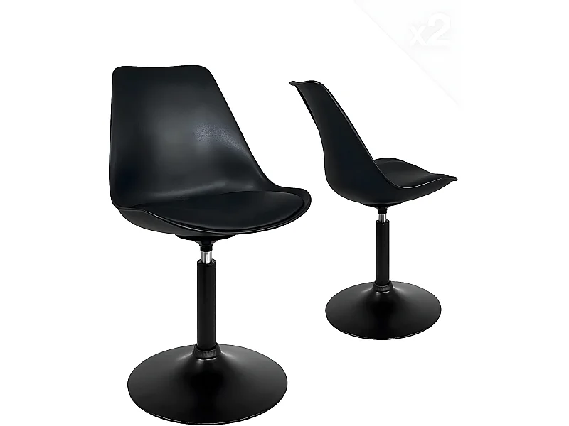 Lot 2 chaise pivotante rotative design rétro vintage coussin simili cuir intégré NOSA (Noir)