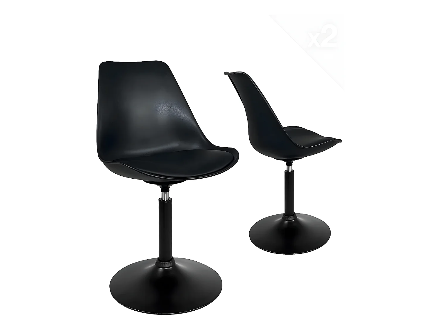 Lot 2 chaise pivotante rotative design rétro vintage coussin simili cuir intégré NOSA (Noir)