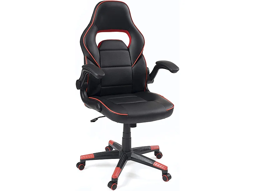 Silla gamer de cuero sintético, asiento reclinable y giratorio, reposabrazos acolchados abatibles, ruedas suaves BAJA (negro-rojo)