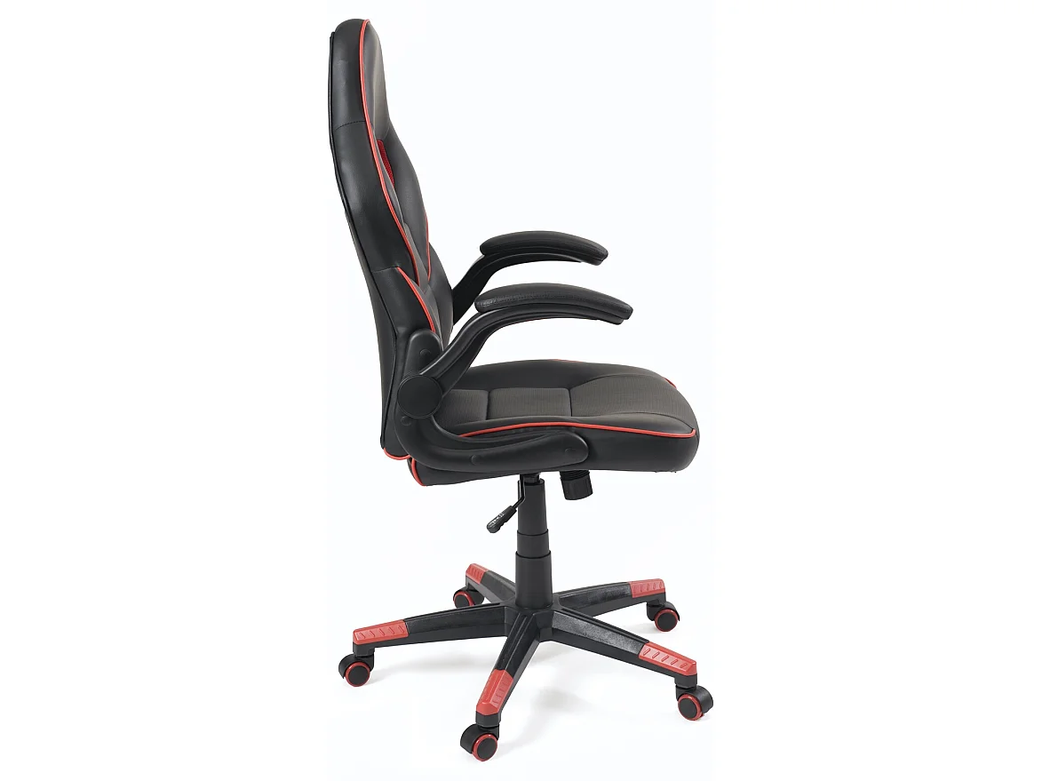 Silla gamer de cuero sintético, asiento reclinable y giratorio, reposabrazos acolchados abatibles, ruedas suaves BAJA (negro-rojo)