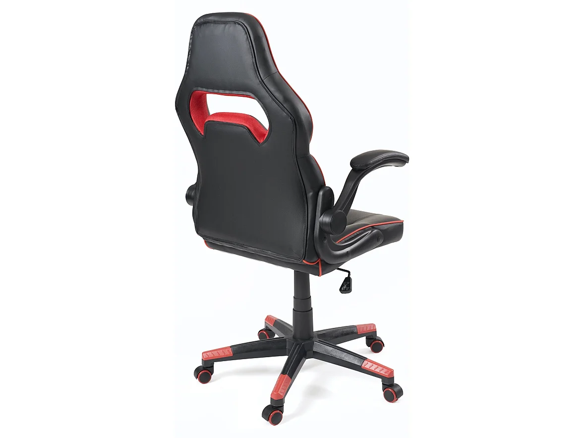 Silla gamer de cuero sintético, asiento reclinable y giratorio, reposabrazos acolchados abatibles, ruedas suaves BAJA (negro-rojo)