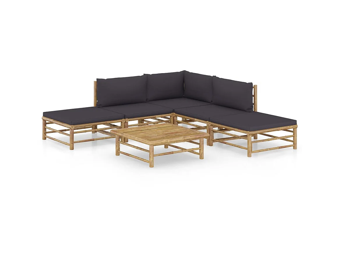 Salon de jardin 6 pcs avec coussins gris foncé Bambou 2