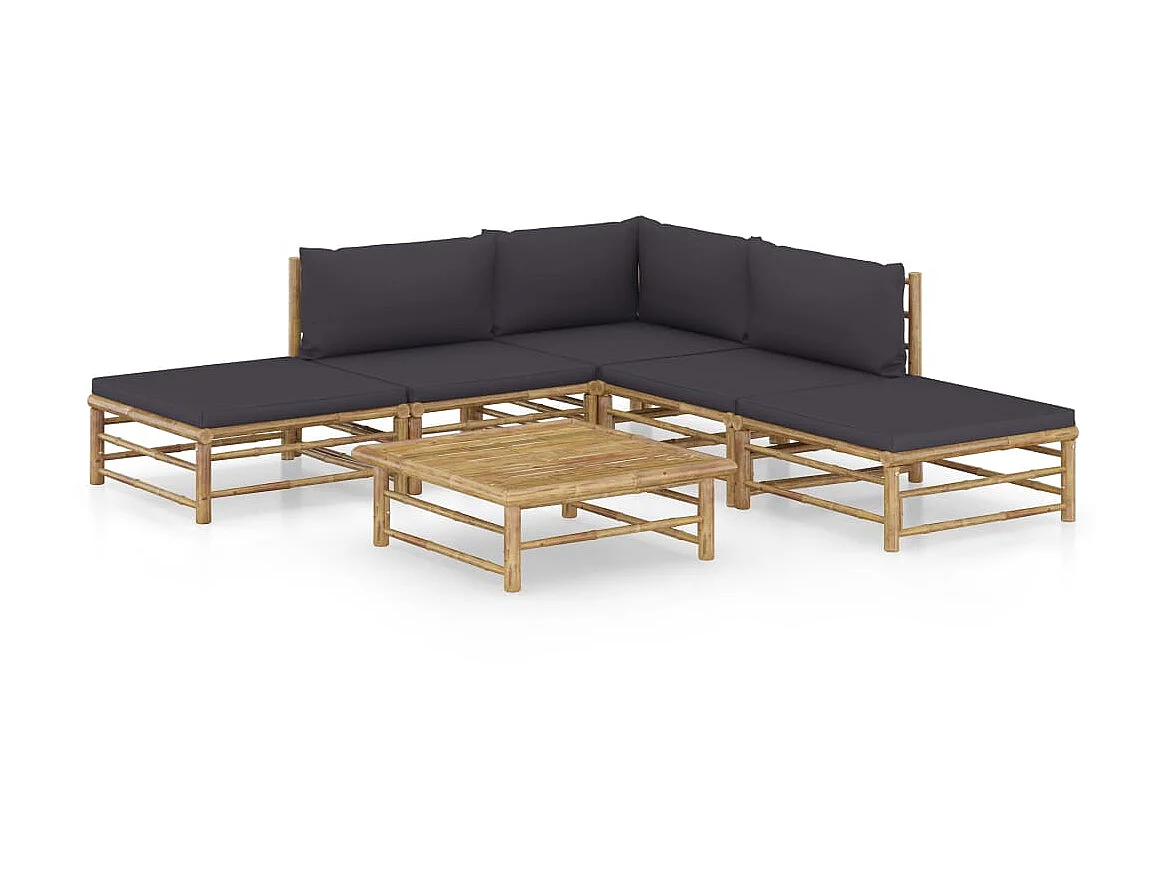 Salon de jardin 6 pcs avec coussins gris foncé Bambou 2
