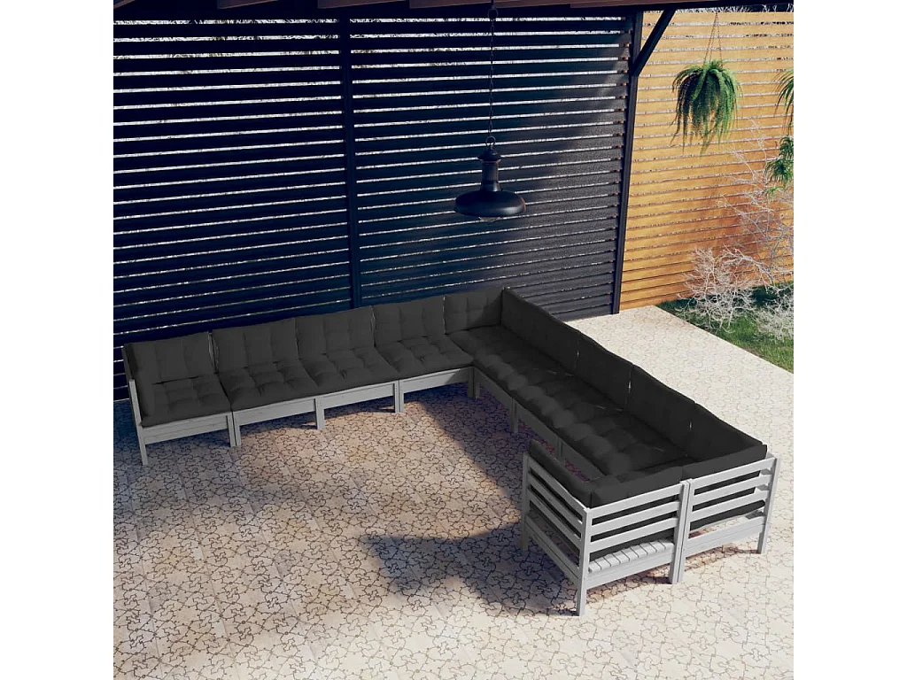 Salon de jardin 10 pcs avec coussins Gris Bois de pin 2