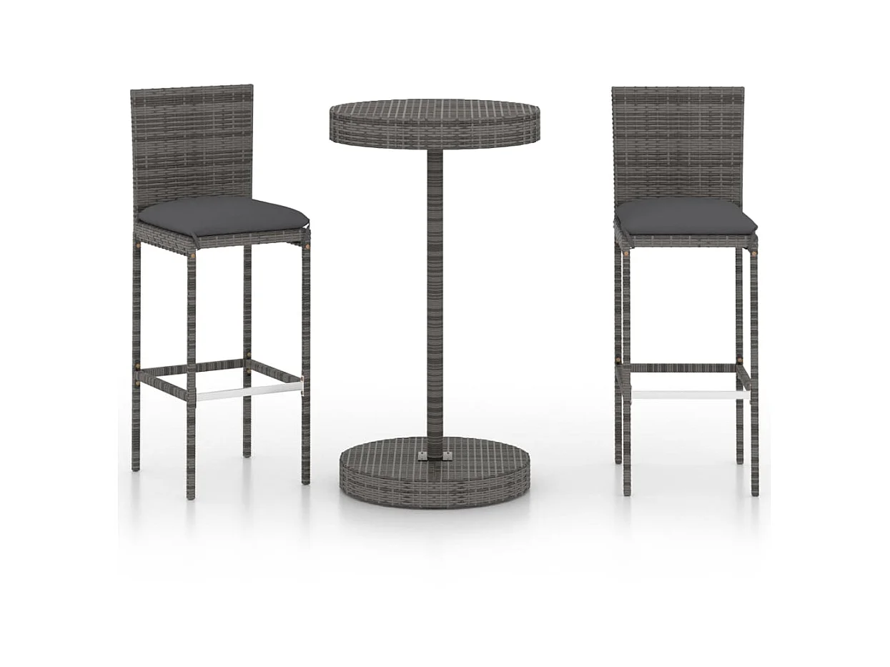 Ensemble de bar de jardin 3 pcs et coussins Résine tressée Gris