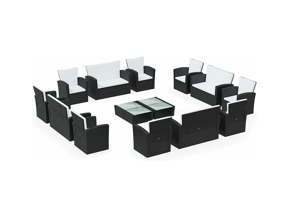 Salon de jardin 16 pcs avec coussins Résine tressée Noir 4