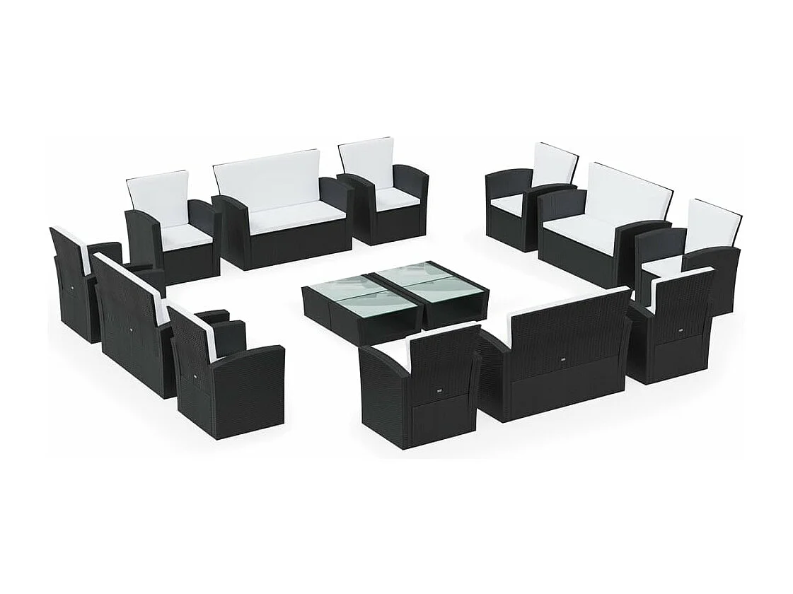 Salon de jardin 16 pcs avec coussins Résine tressée Noir 4