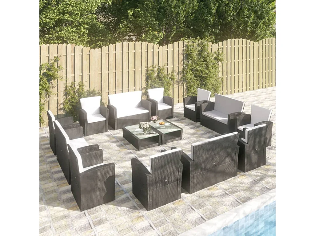 Salon de jardin 16 pcs avec coussins Résine tressée Noir 4