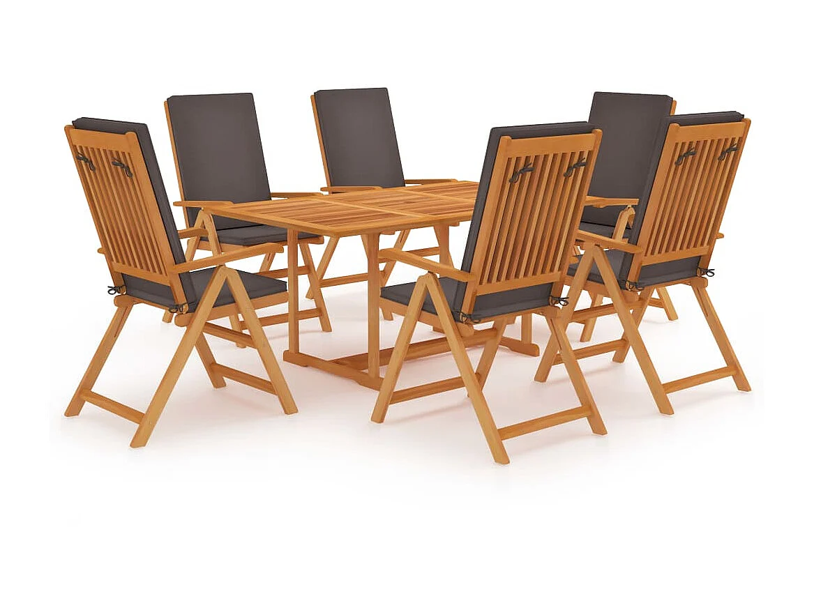 Salon de jardin 7 pcs avec coussins gris Bois de teck massif
