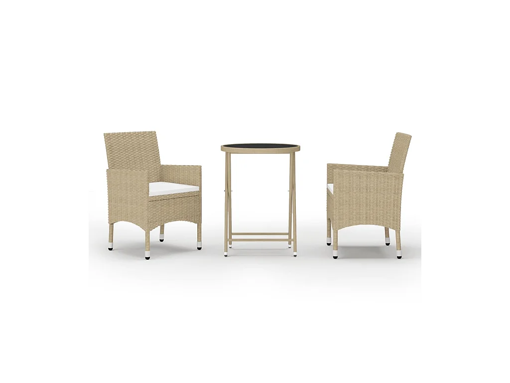 Ensemble de bistro 3 pcs Résine tressée et verre trempé Beige