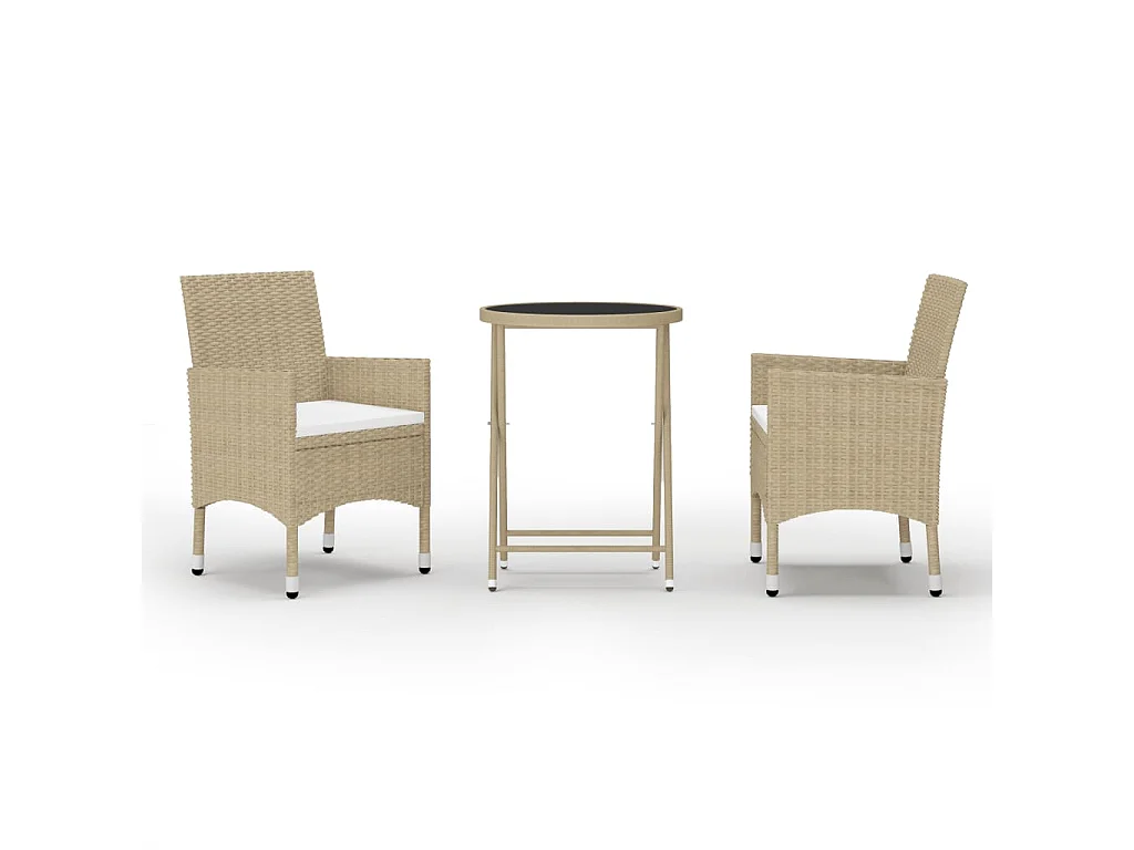 Ensemble de bistro 3 pcs Résine tressée et verre trempé Beige