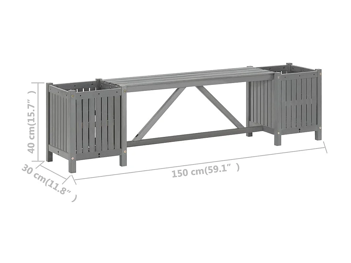 Banc de jardin avec 2 jardinières 150cm Bois d'acacia Gris