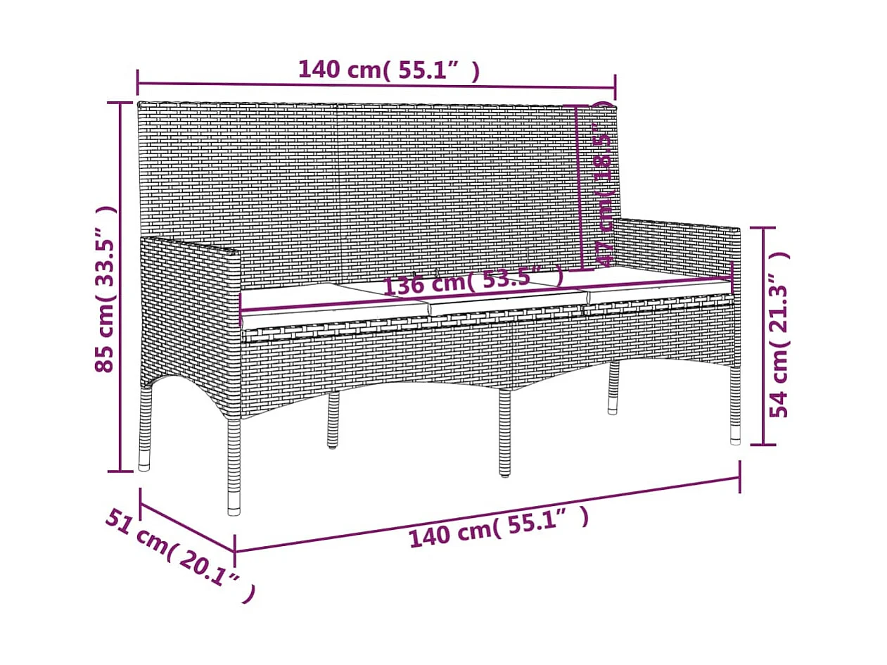 Banc de jardin à 3 places avec coussins Marron Résine tressée