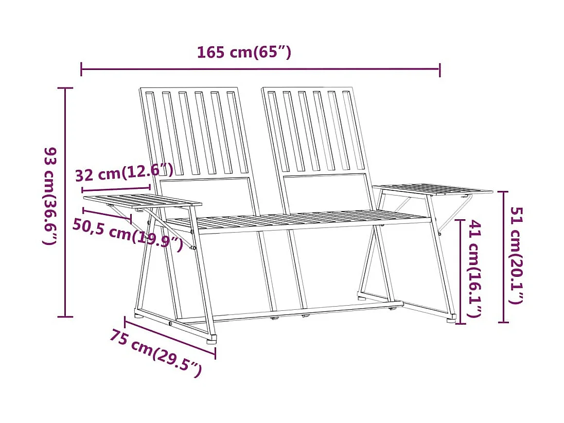 Banc de jardin 2 places 165cm Noir Acier