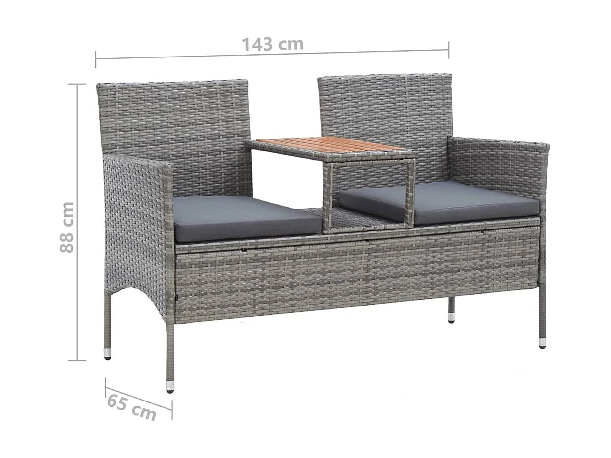 Banc de jardin 2places et table à thé 143cm Résine tressée Gris