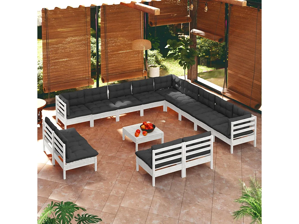 Salon de jardin 14 pcs avec coussins Blanc Bois de pin solide 2