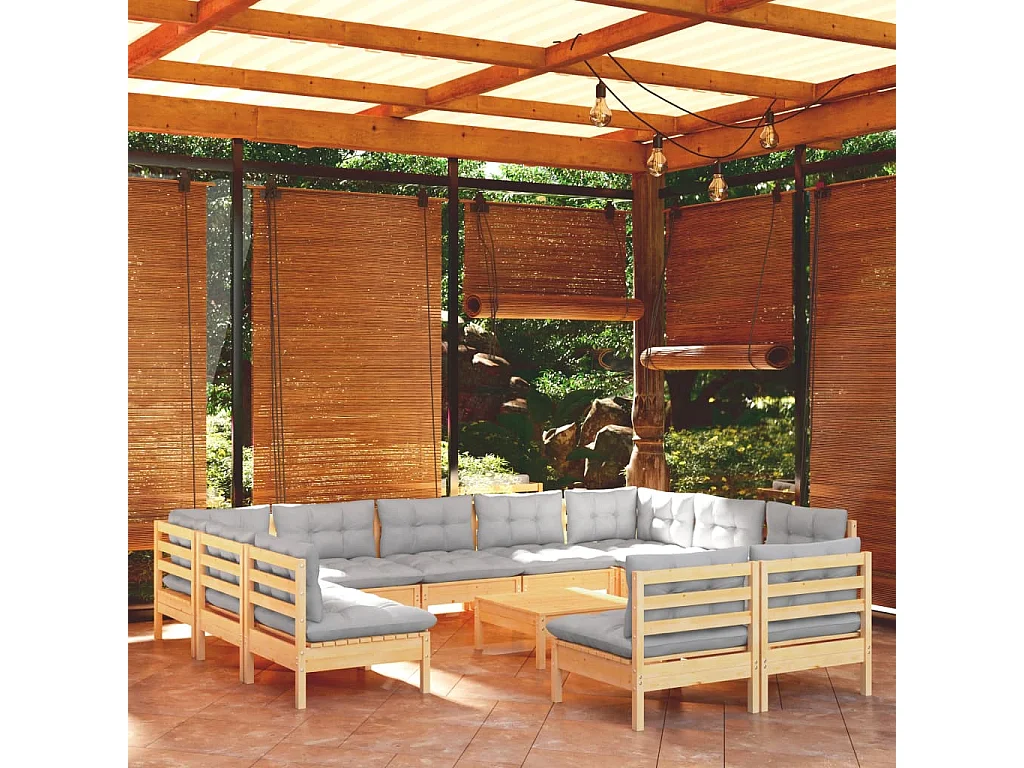 Salon de jardin 12 pcs avec coussins gris Bois de pin massif