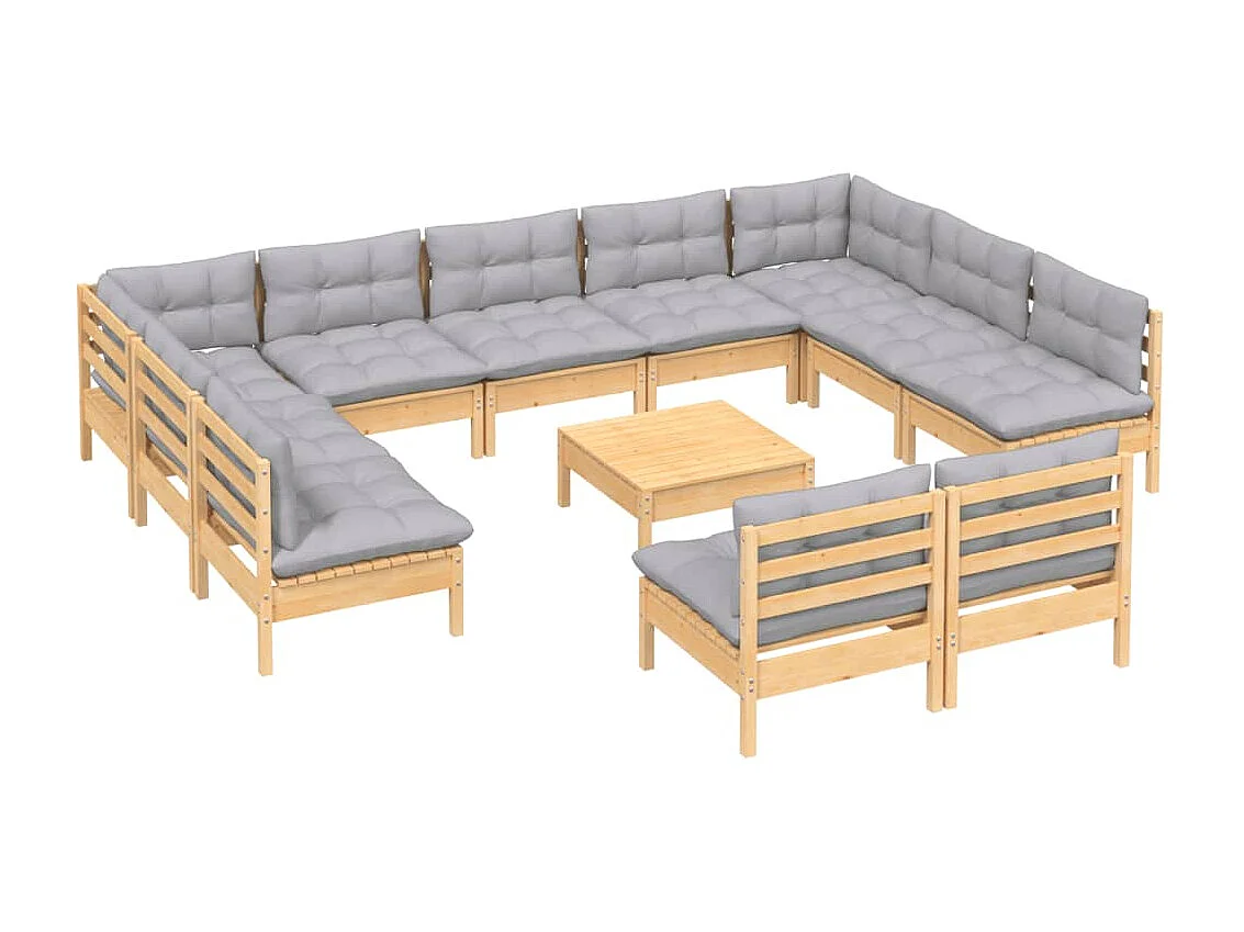 Salon de jardin 12 pcs avec coussins gris Bois de pin massif