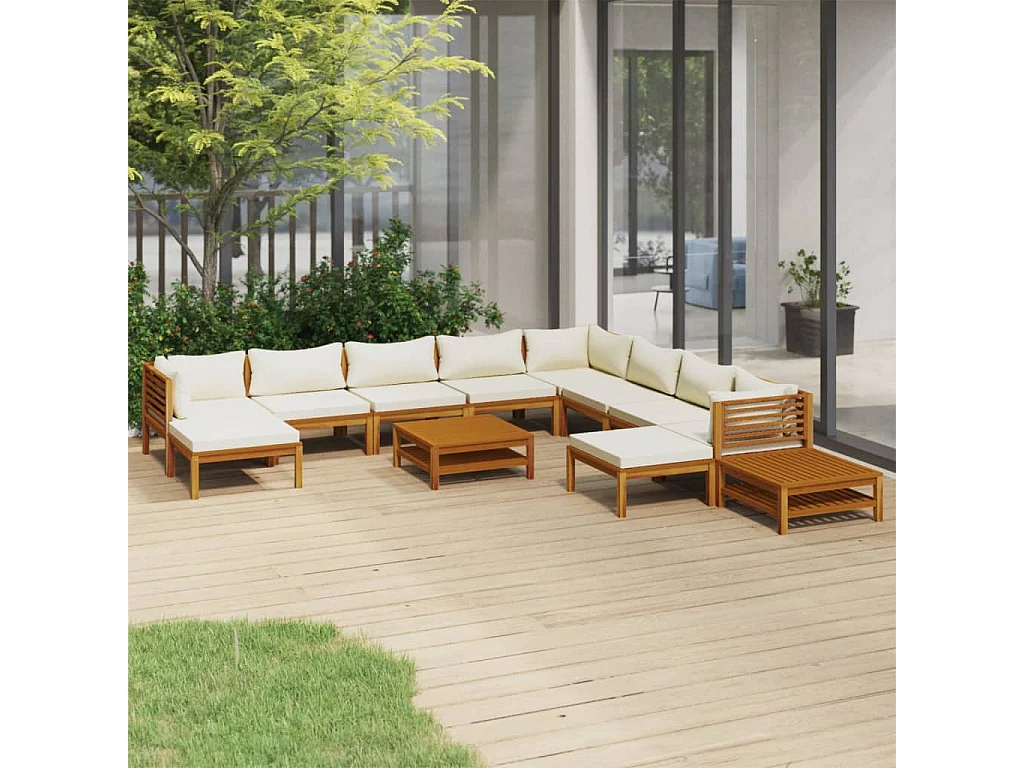 Salon de jardin 12 pcs avec coussin crème Bois d'acacia solide