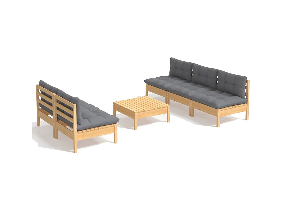 Salon de jardin 6 pcs avec coussins gris Bois de pin 6