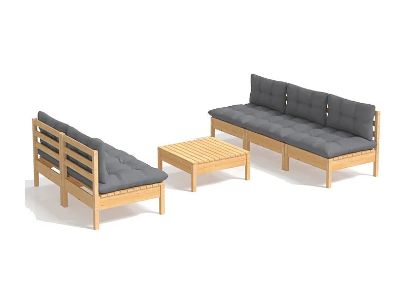 Salon de jardin 6 pcs avec coussins gris Bois de pin 6