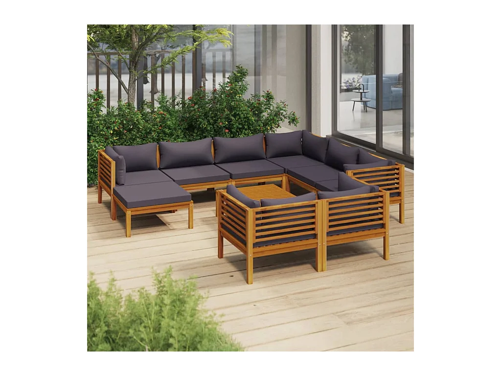 Salon de jardin 10 pcs avec coussin Bois d'acacia solide 2