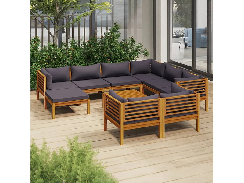 Salon de jardin 10 pcs avec coussin Bois d'acacia solide 2