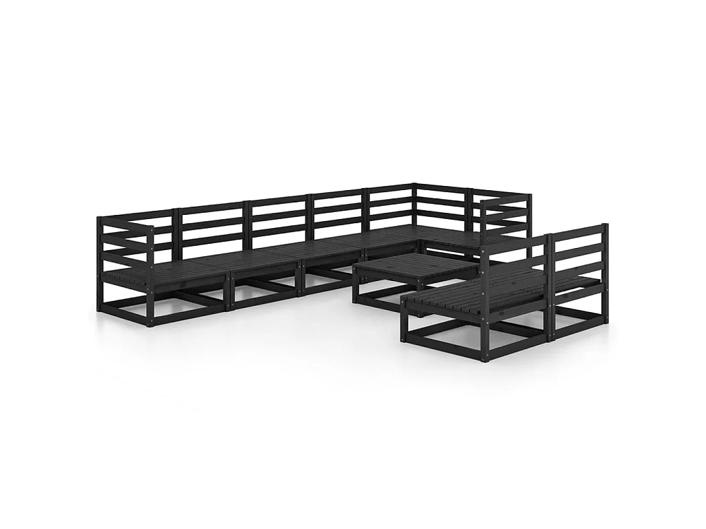 Salon de jardin 9 pcs Noir Bois de pin massif 12