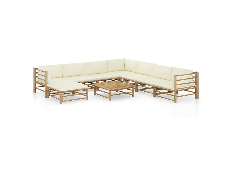 Salon de jardin 9 pcs avec coussins blanc crème Bambou