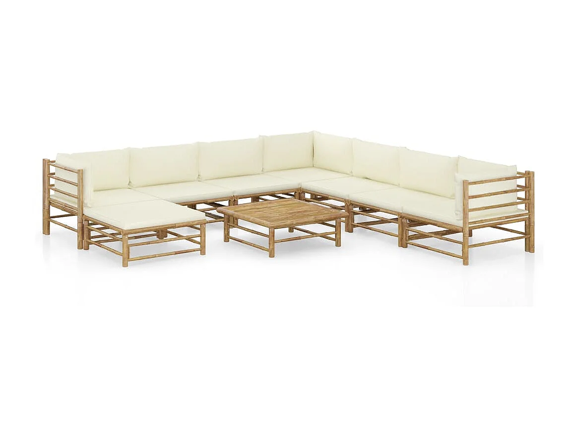 Salon de jardin 9 pcs avec coussins blanc crème Bambou