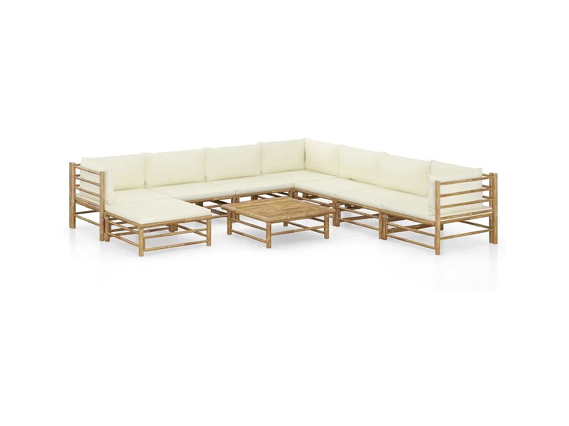 Salon de jardin 9 pcs avec coussins blanc crème Bambou