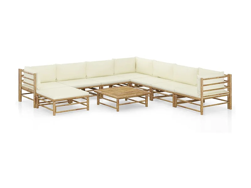 Salon de jardin 9 pcs avec coussins blanc crème Bambou