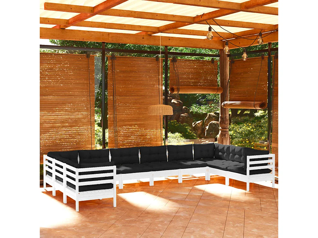 Salon de jardin 10 pcs avec coussins Blanc Bois de pin 2