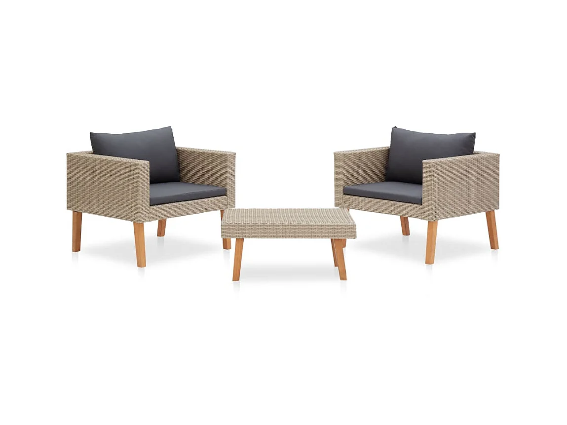 Salon de jardin 3 pcs avec coussins Résine tressée Beige