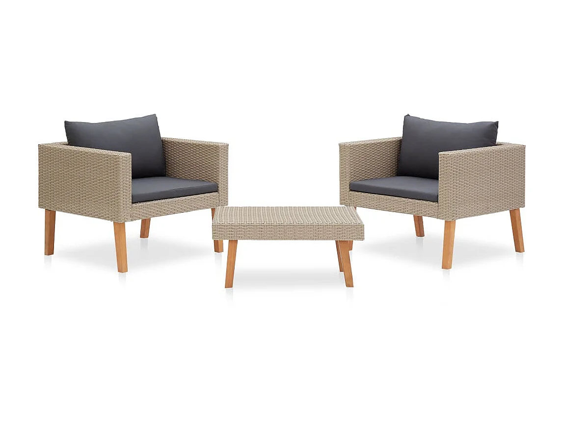 Salon de jardin 3 pcs avec coussins Résine tressée Beige