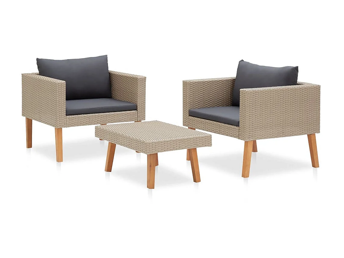 Salon de jardin 3 pcs avec coussins Résine tressée Beige