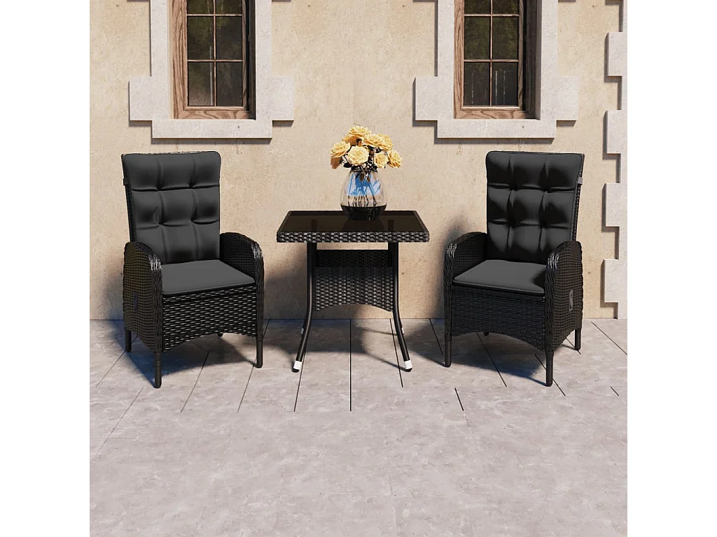 Ensemble à dîner de jardin 3 pcs Résine tressée et verre Noir