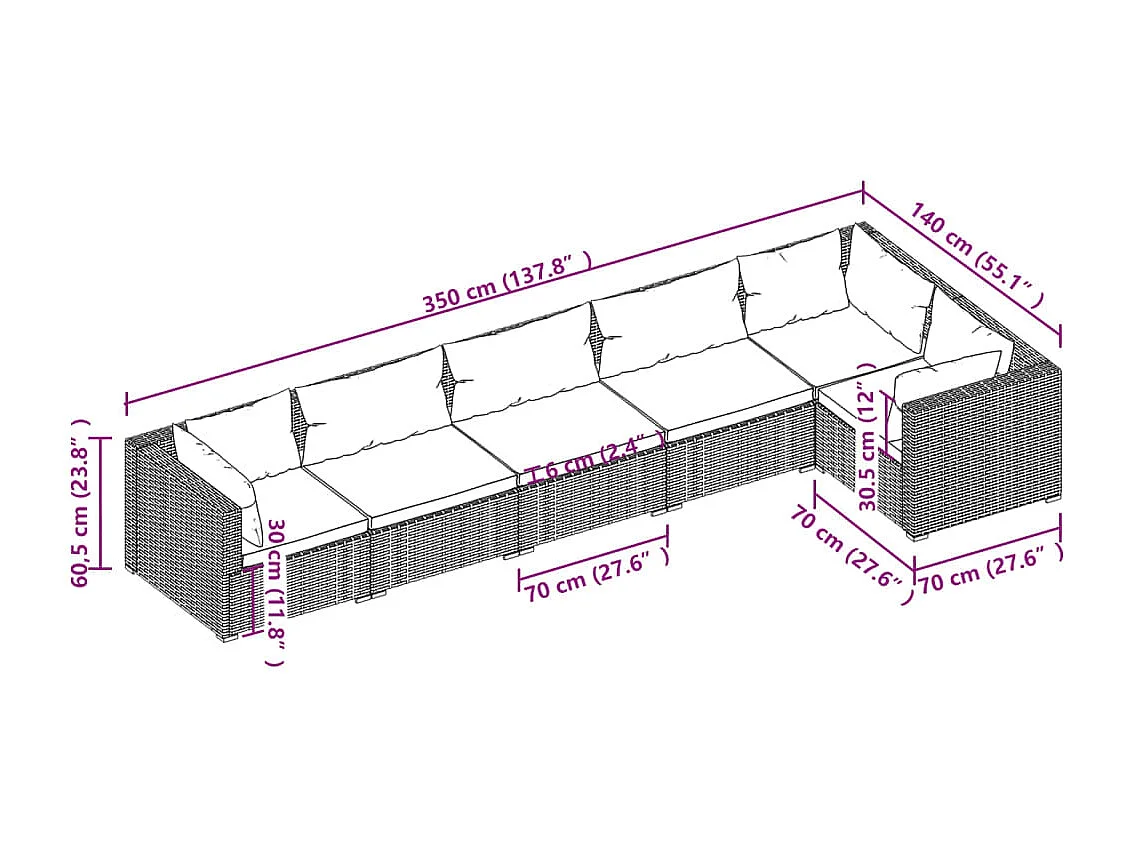 Salon de jardin 6 pcs avec coussins Résine tressée Marron 4