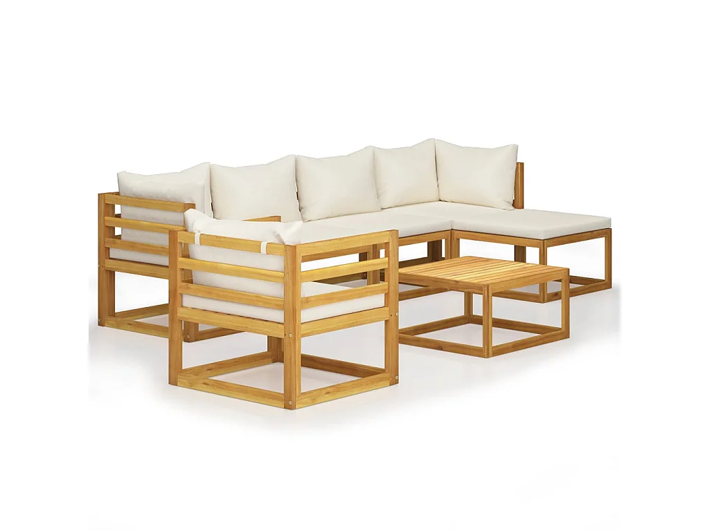 Salon de jardin 7 pcs avec coussin Crème Bois d'acacia solide 2