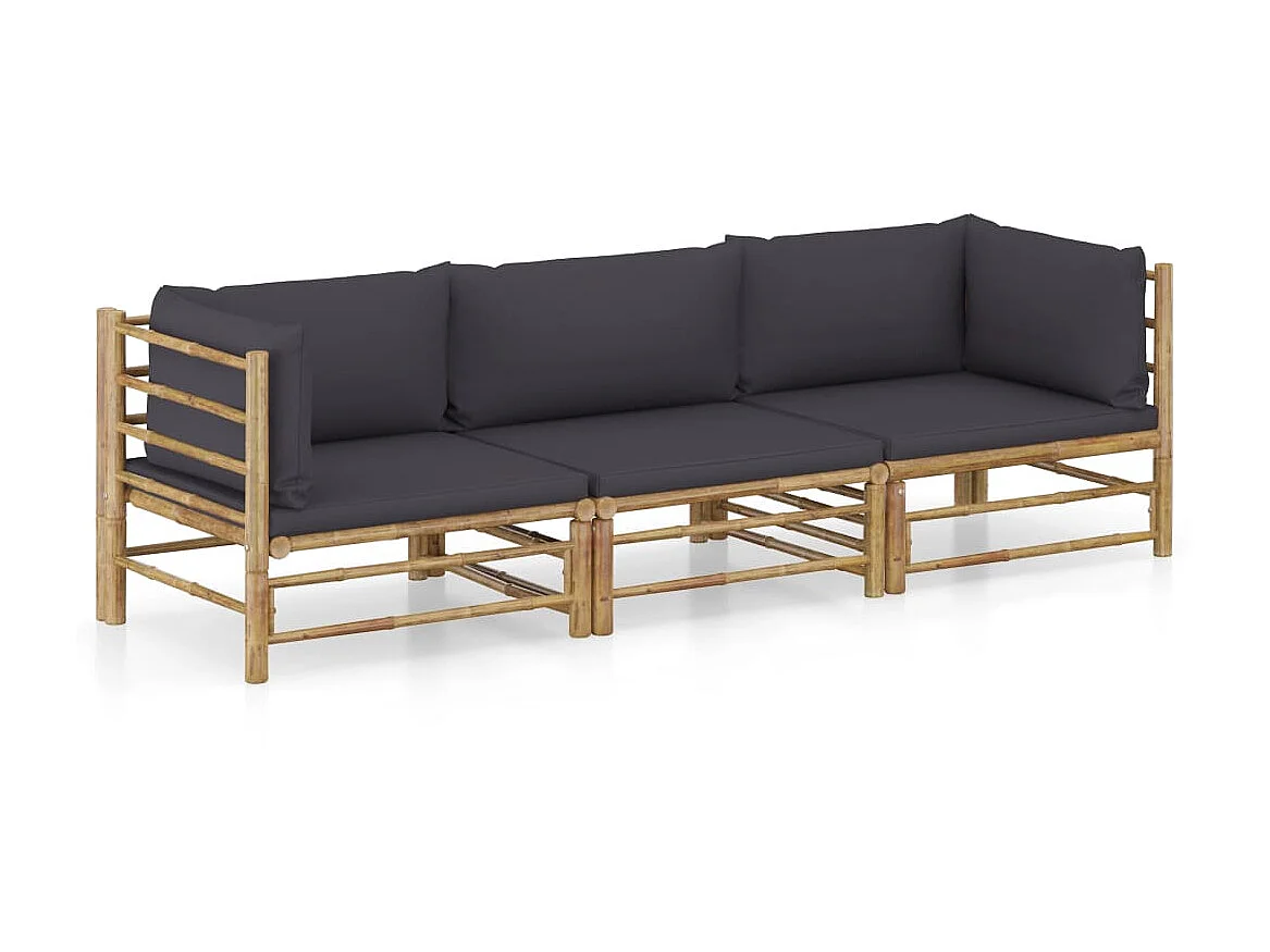 Salon de jardin 3 pcs avec coussins gris foncé Bambou