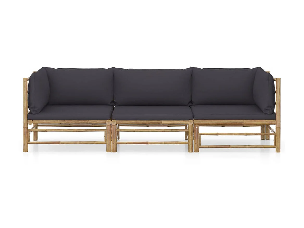 Salon de jardin 3 pcs avec coussins gris foncé Bambou