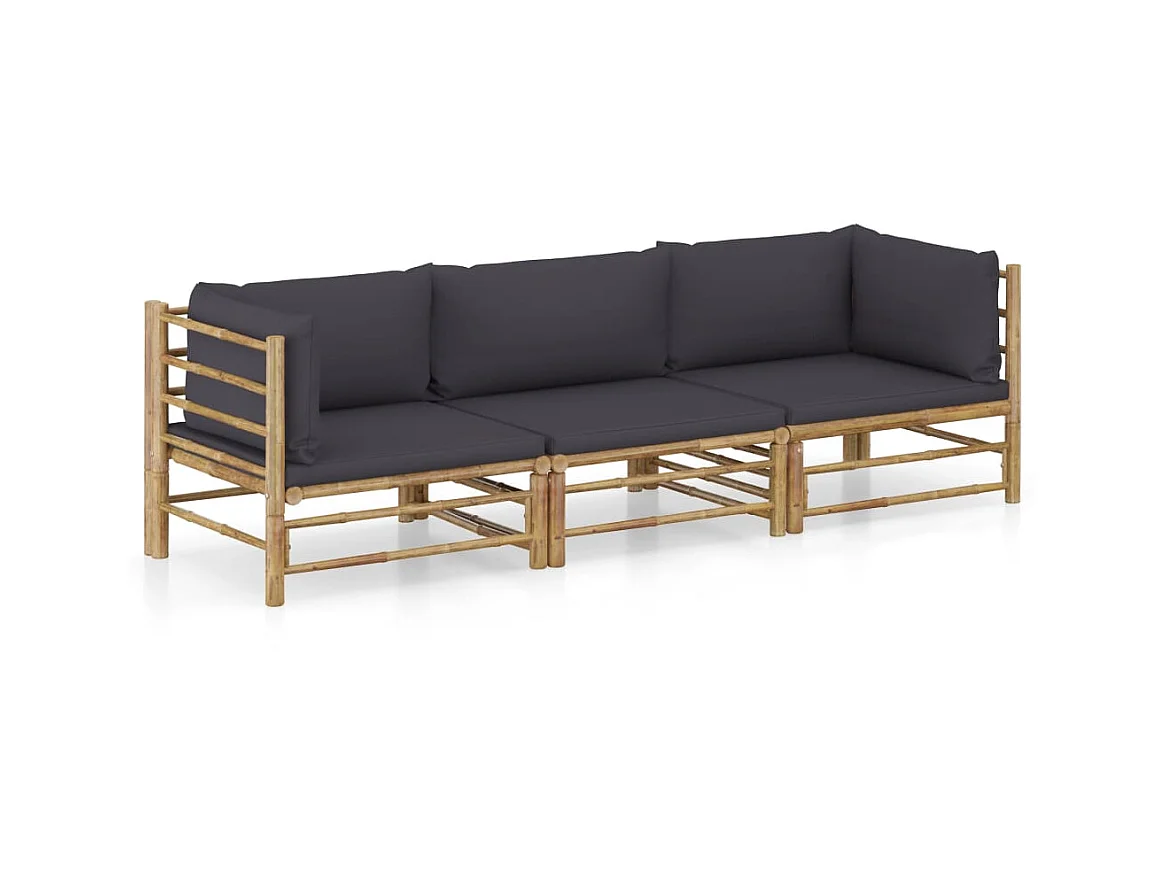Salon de jardin 3 pcs avec coussins gris foncé Bambou