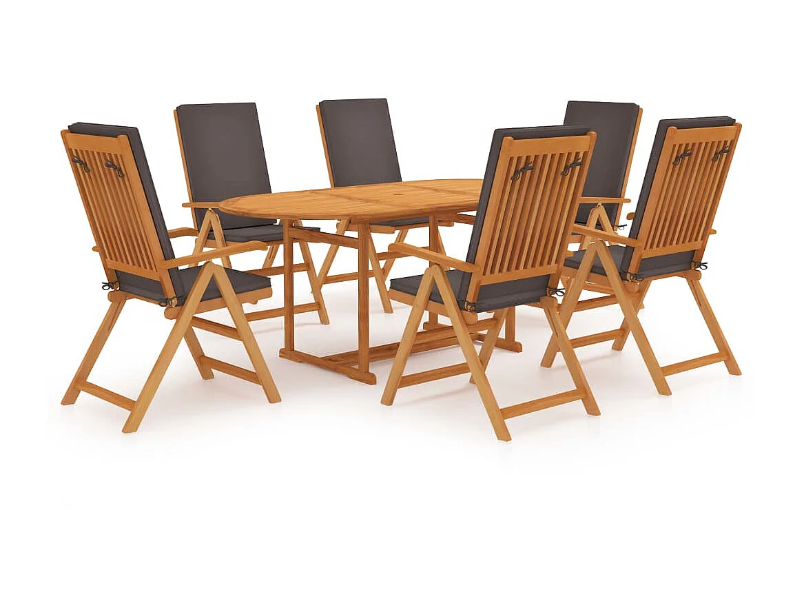 Salon de jardin 7 pcs avec coussins Bois de teck massif Gris 2