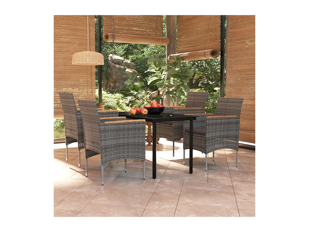 Mobilier à dîner d'extérieur avec coussins 5 pcs Gris et noir
