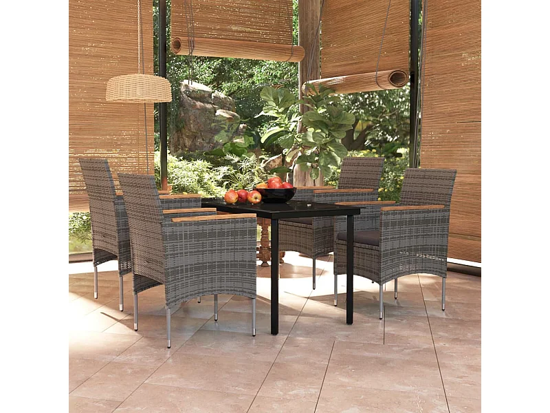 Mobilier à dîner d'extérieur avec coussins 5 pcs Gris et noir