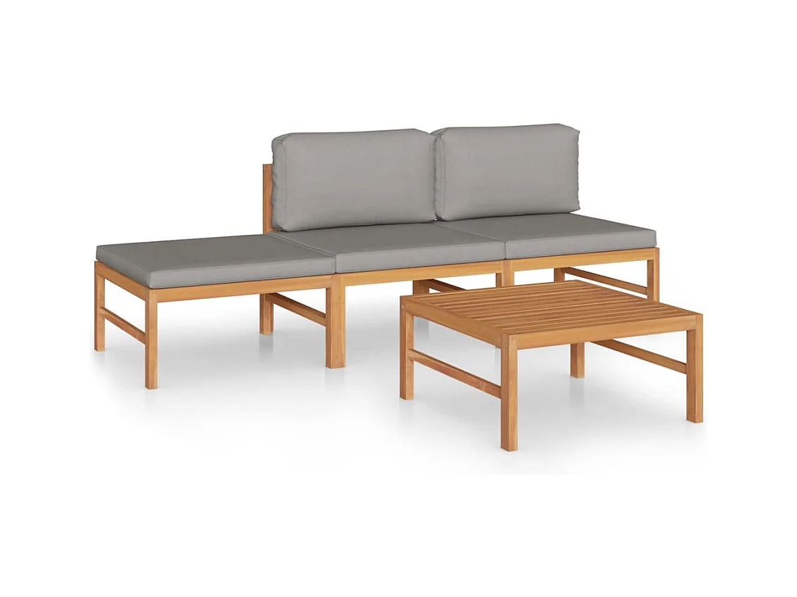 Salon de jardin 4 pcs avec coussins gris Bois de teck solide