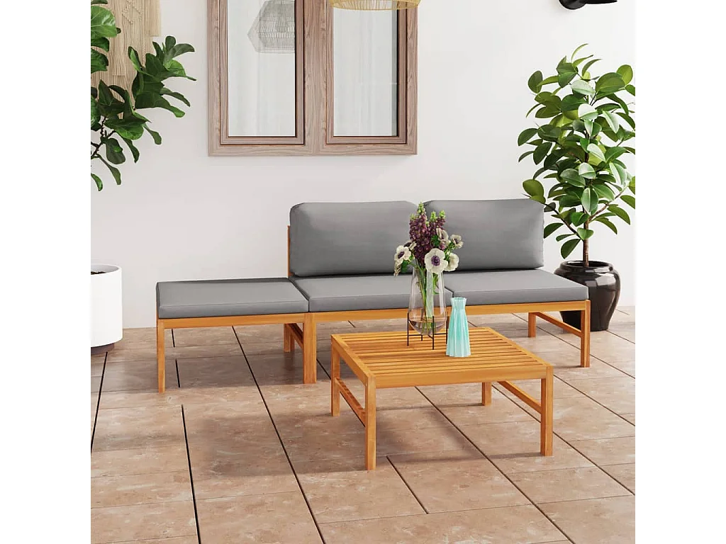 Salon de jardin 4 pcs avec coussins gris Bois de teck solide