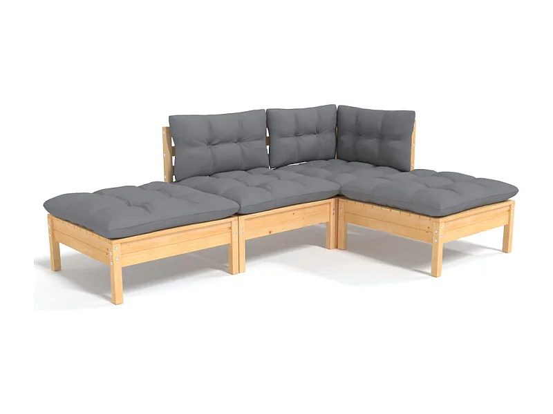 Salon de jardin 4 pcs avec coussins gris Bois de pin massif